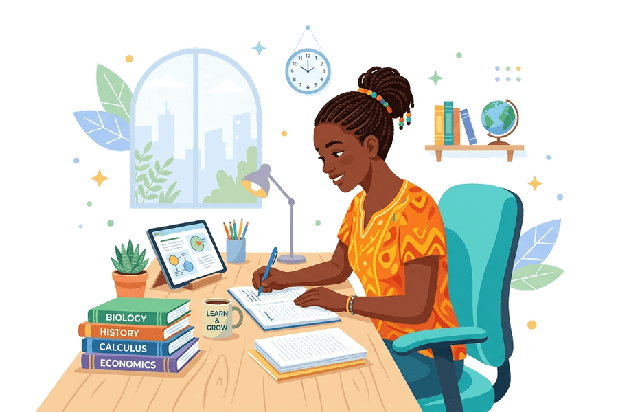 Nigerian student studying with open textbooks and a digital tablet