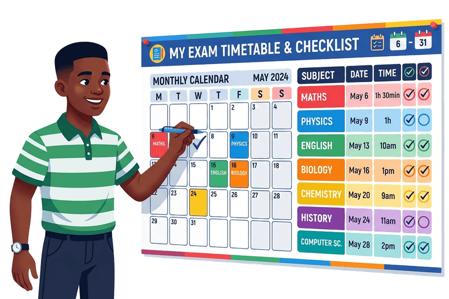 Nigerian student organising an exam timetable and checklist
