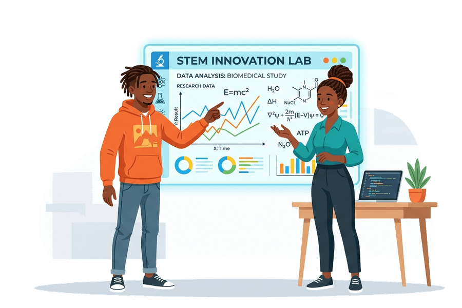 Two Nigerian students collaborating around an interactive formula screen